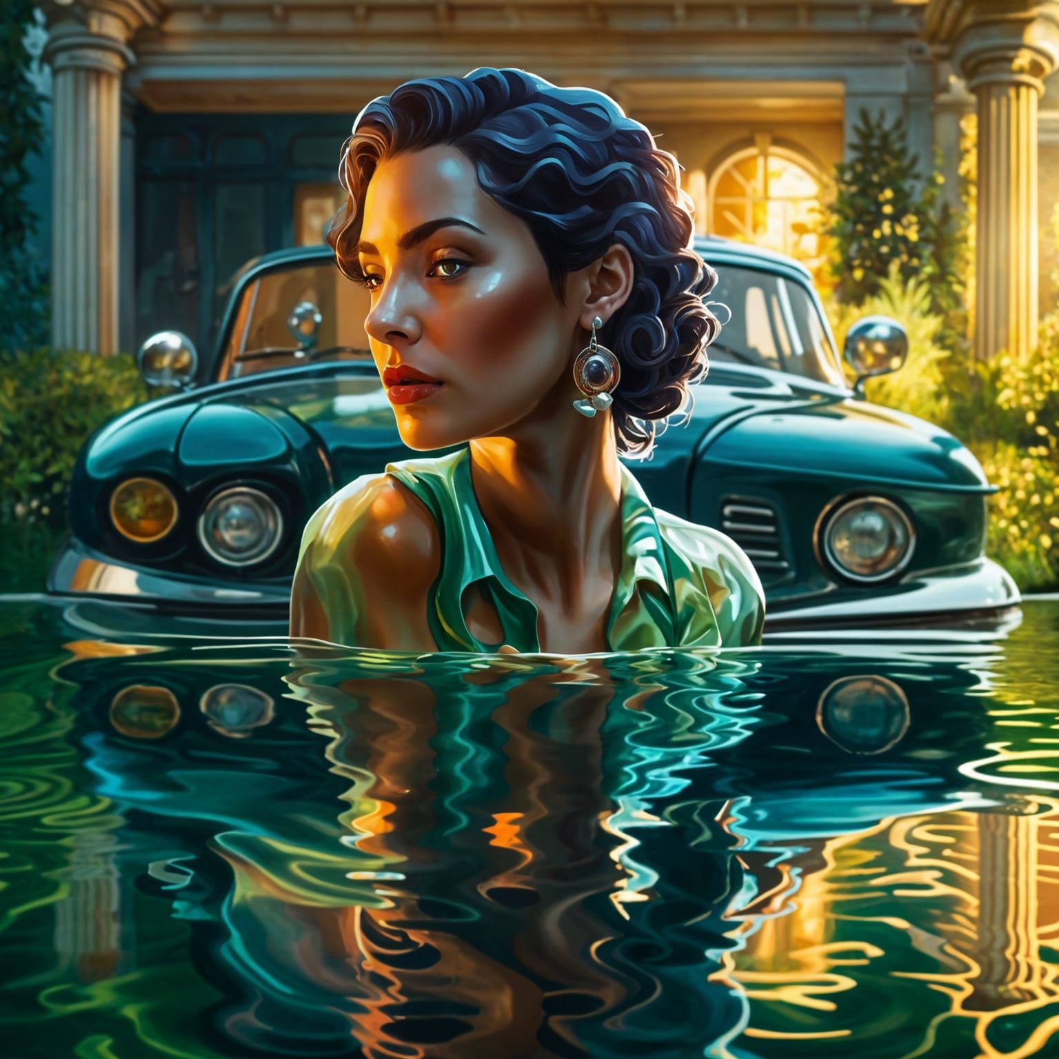 An amazing, funny 3D rendering of a swimming pool in the gar...