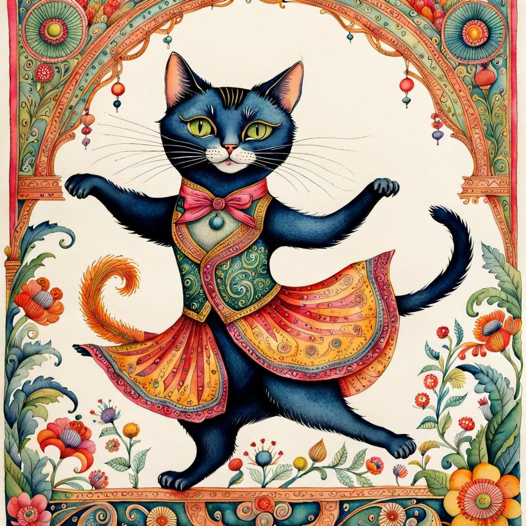 Whimsical Dancing Cat in Watercolor Style