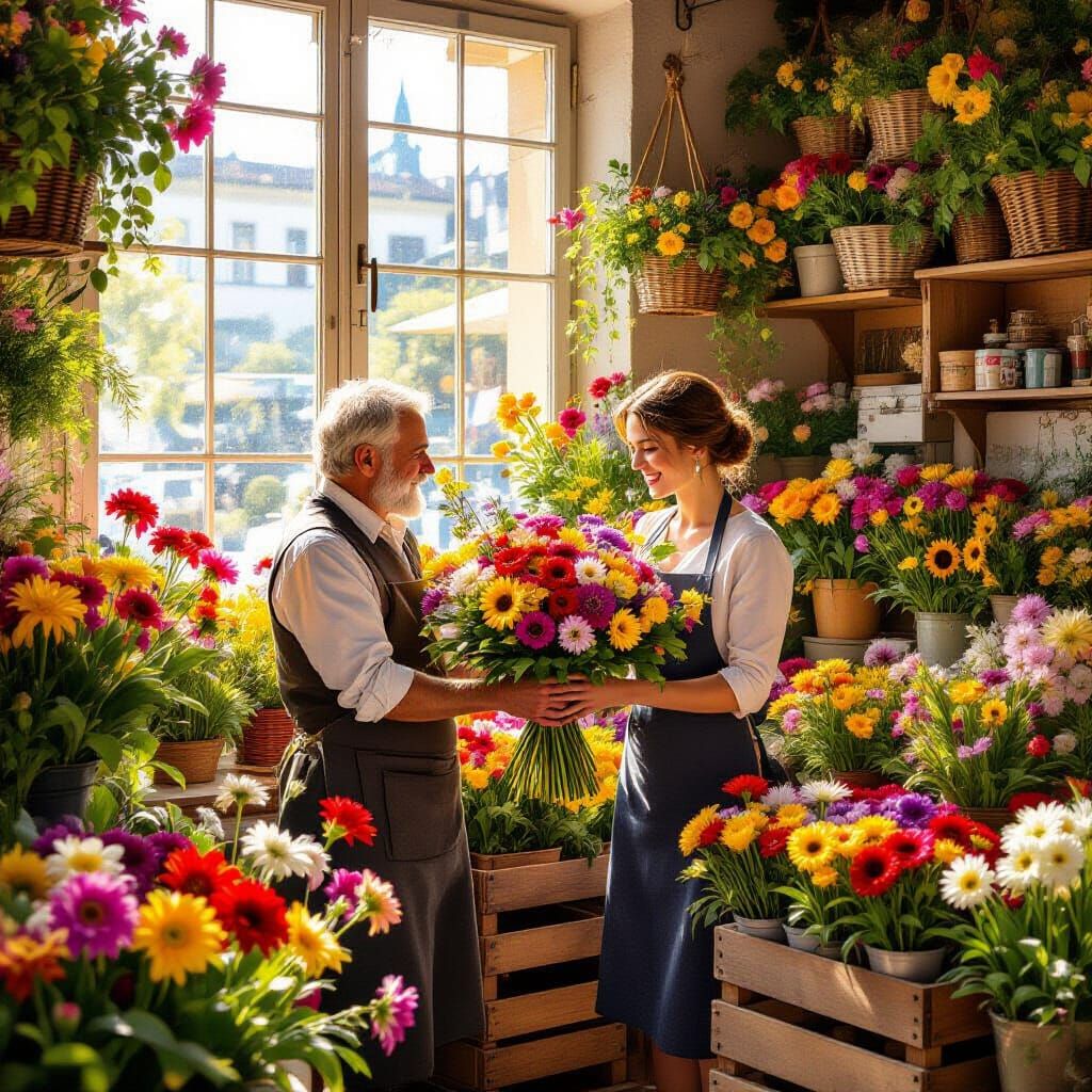 Man Buys Vibrant Flower Bouquet in Prague Market Shop