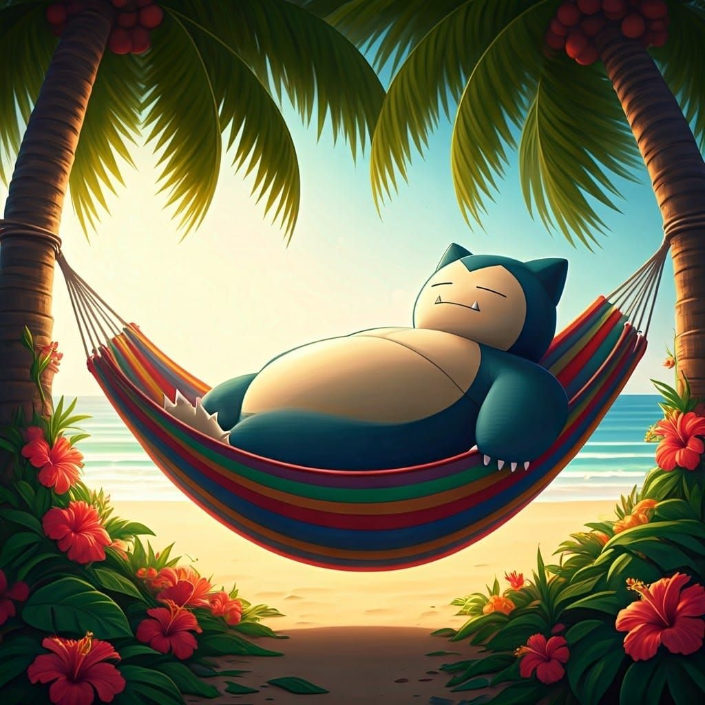 Hyper-Realistic Snorlax in a Vibrant Striped Hammock