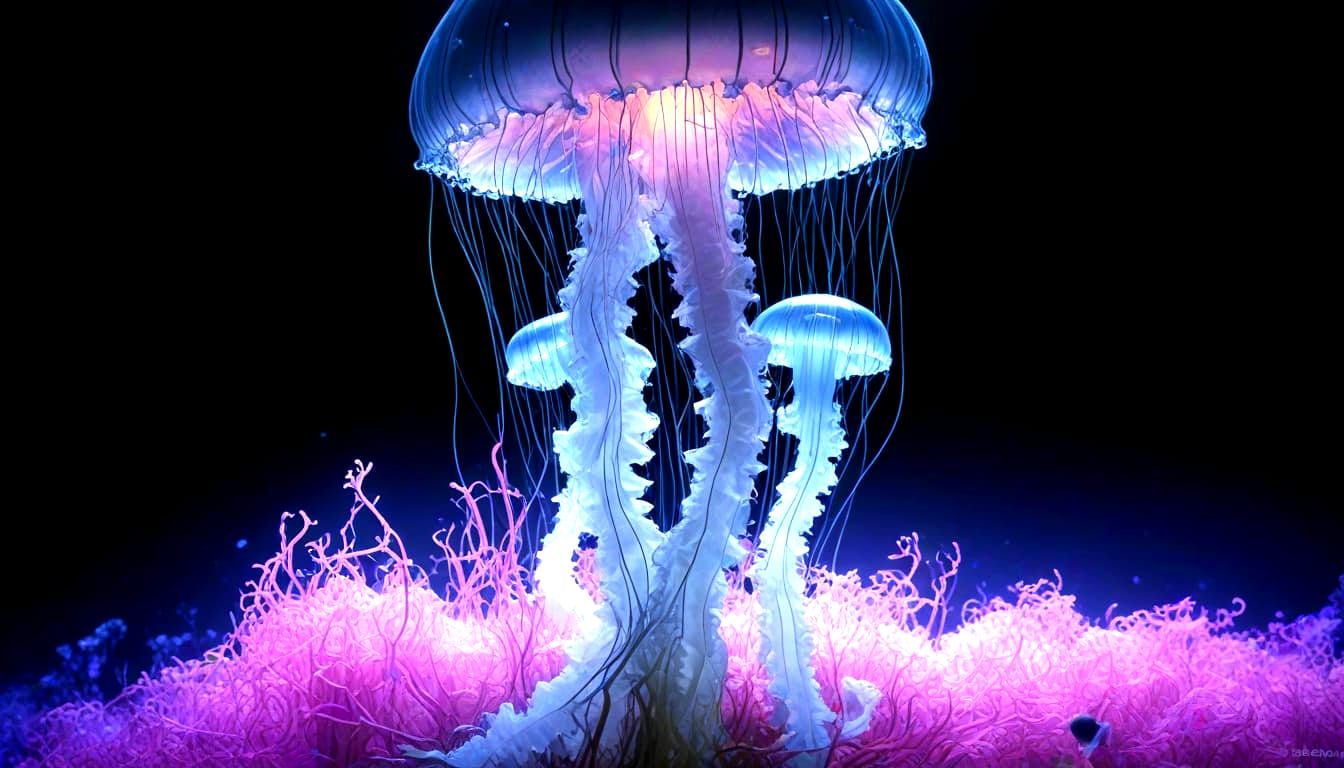 Ethereal Deep-Sea Jellyfish in Bioluminescent Kelp Forest