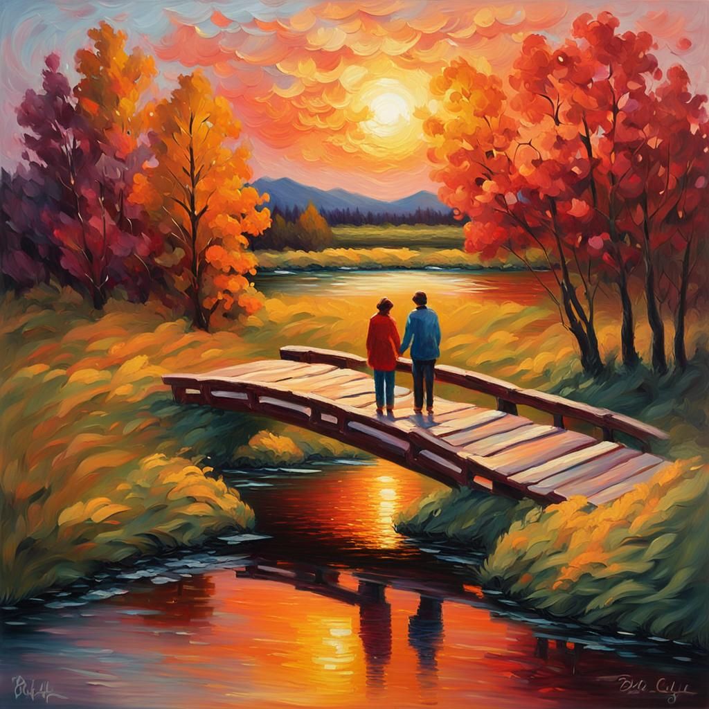 Romantic Couple Embracing at Sunset: An Impasto Oil Painting