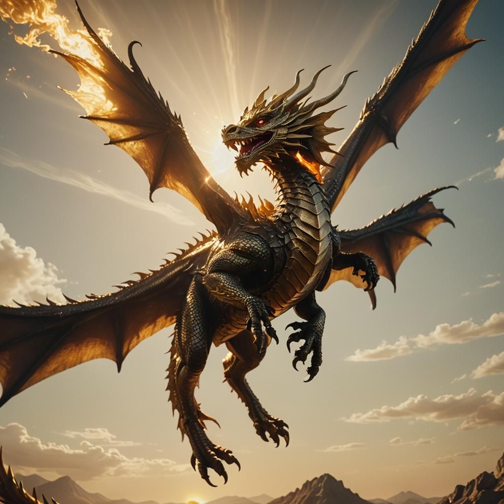 Golden Dragon Soaring Towards the Sun in Cinematic Style