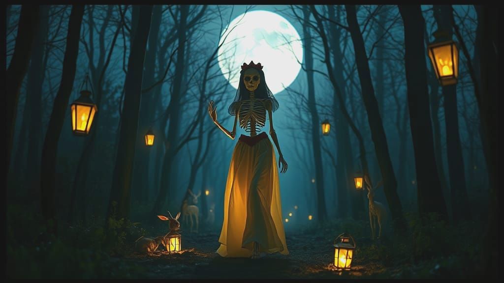 Skeletal Snow White in Eerie Forest with Lanterns