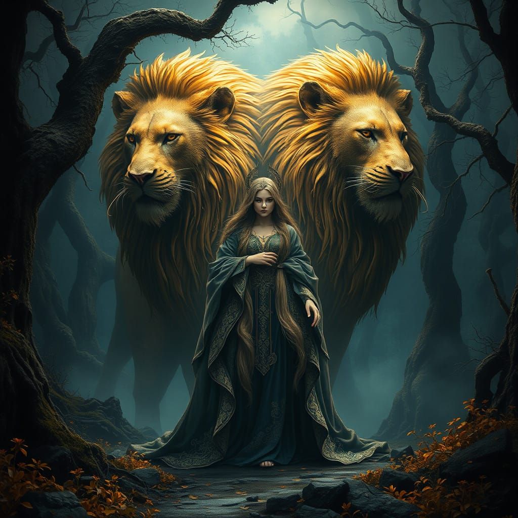 Mystical Goddess Surrounded by a Two-Headed Lion in a Dark,...