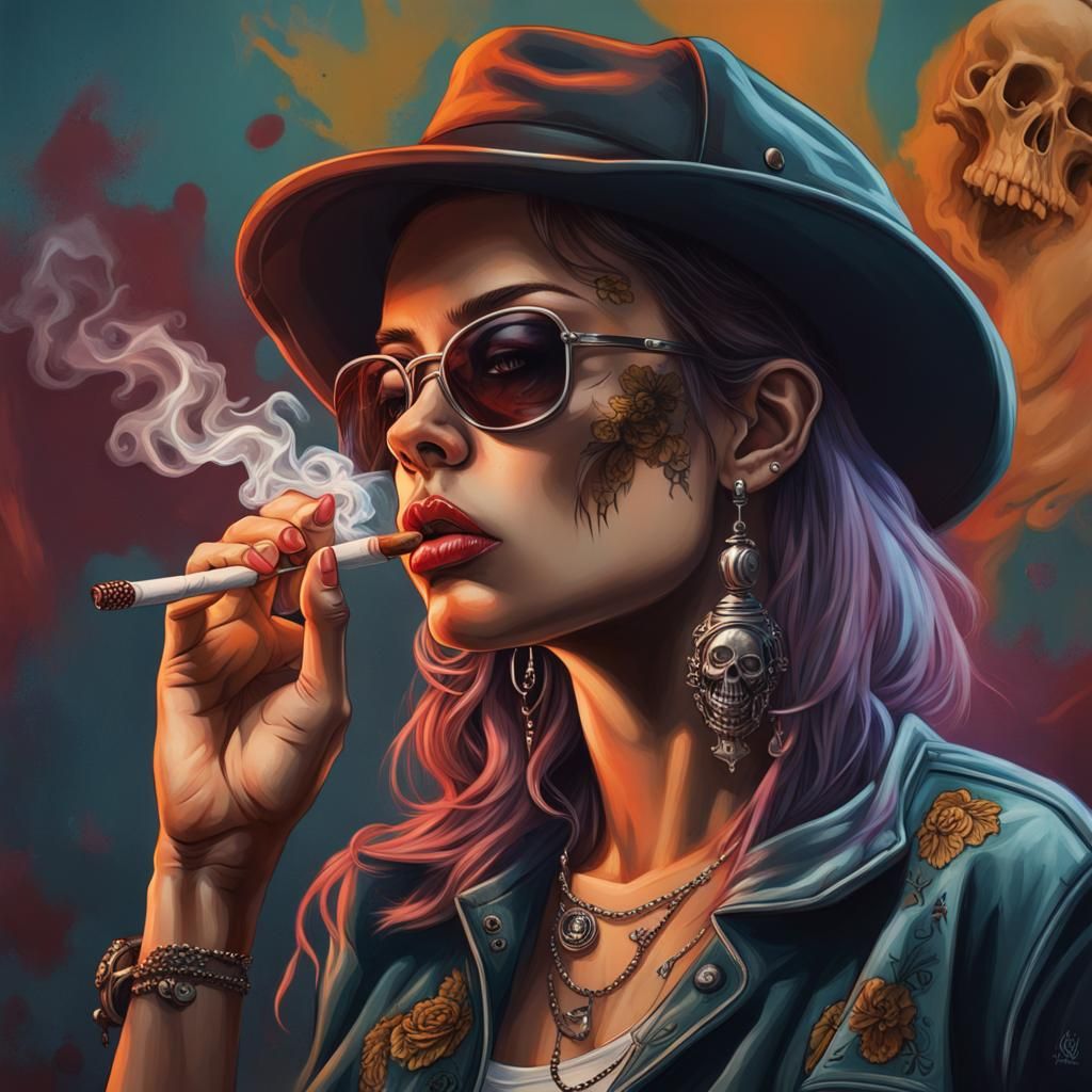 Gangster girl smoking a blunt with chaos lurking behind her, skulls of her victims with a evil past