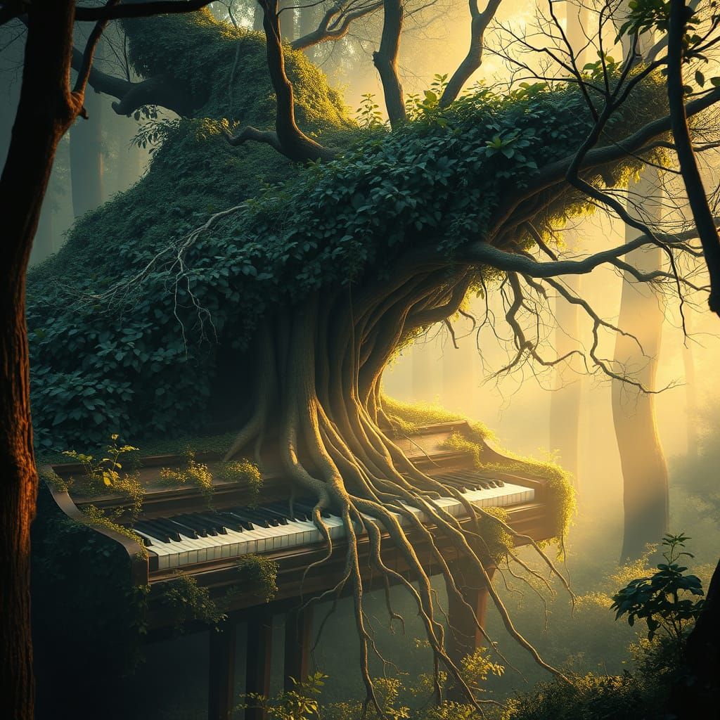 Misty Forest Piano in Whimsical Painterly Style