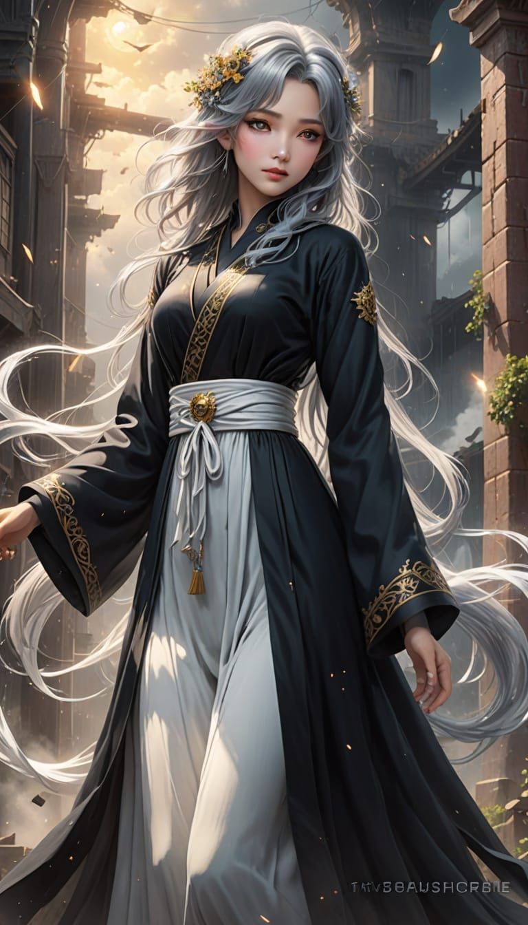 Ethereal Anime Goddess Rides the Tornado of Dreams