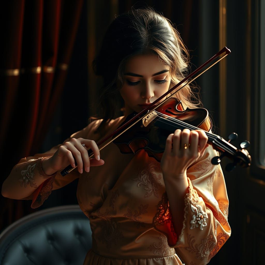 Ethereal Woman Plays Violin in Luxurious Room