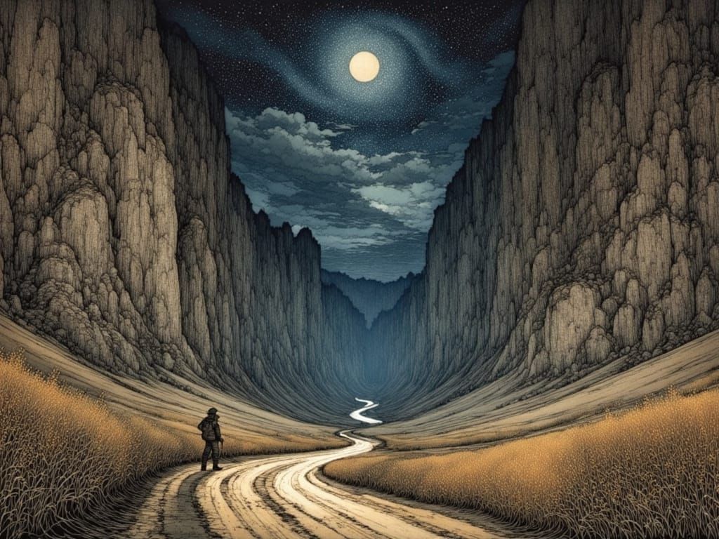 Lonely Explorer in Infinite Gorge: Gothic Art Style