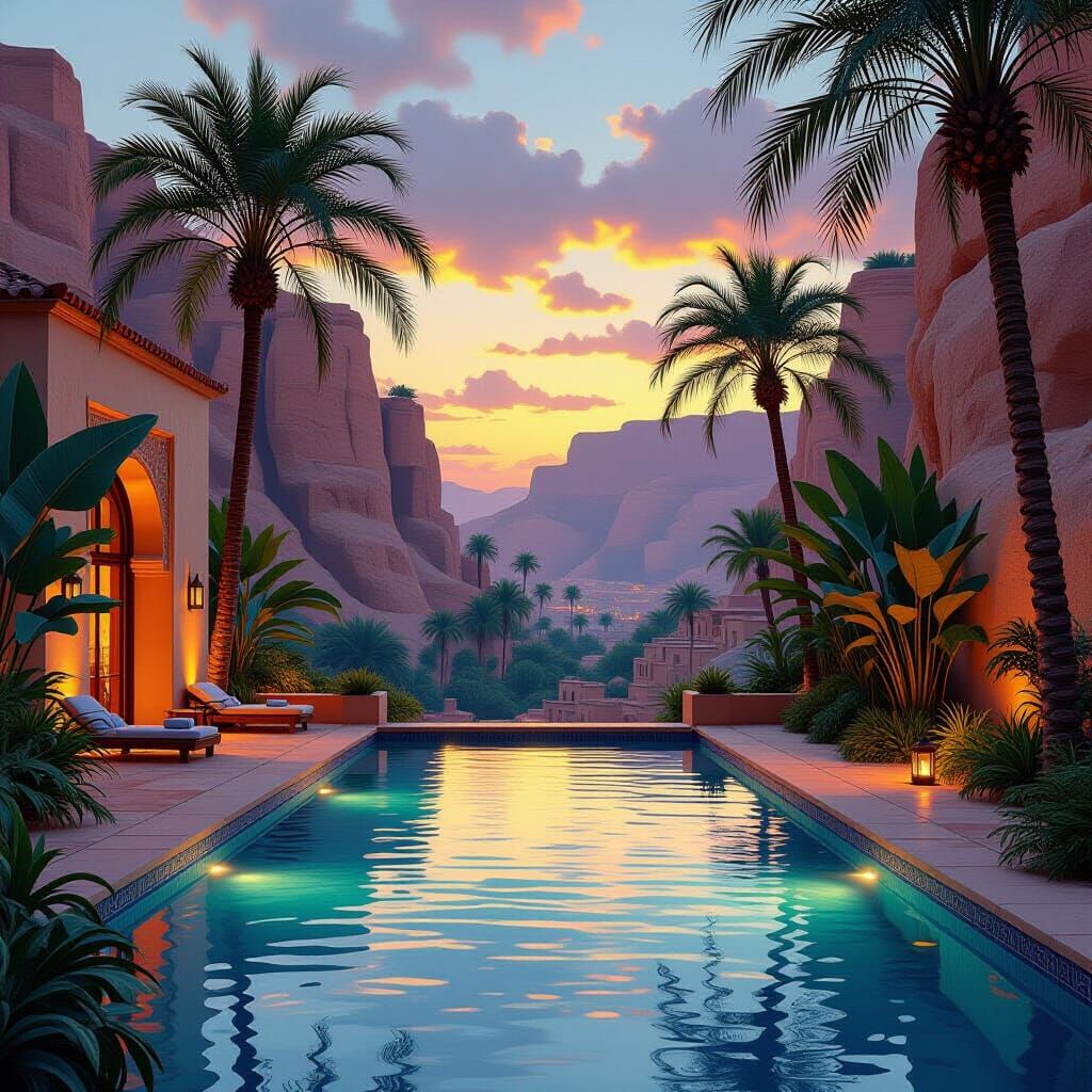 Moroccan Pool at Dusk in Digital Art Style