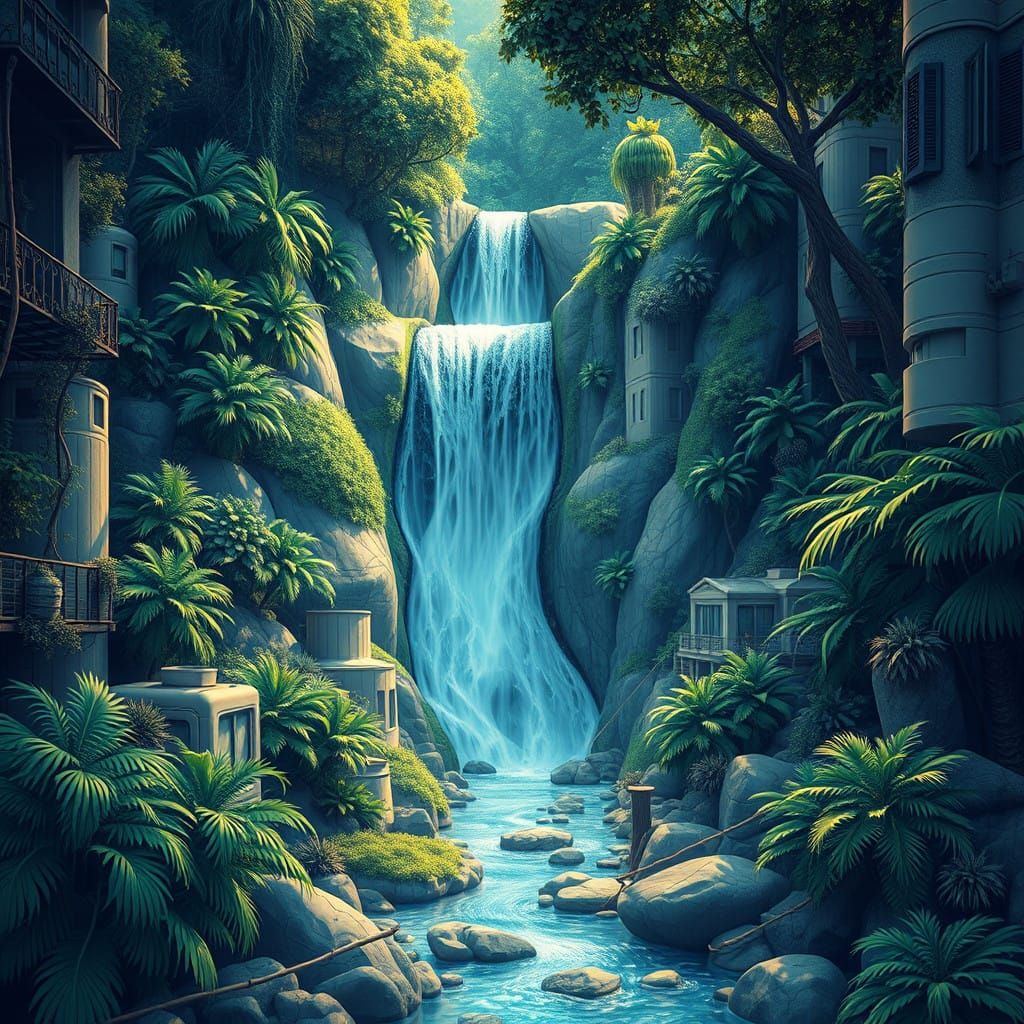 Urban Oasis Waterfall in Vibrant Digital Art