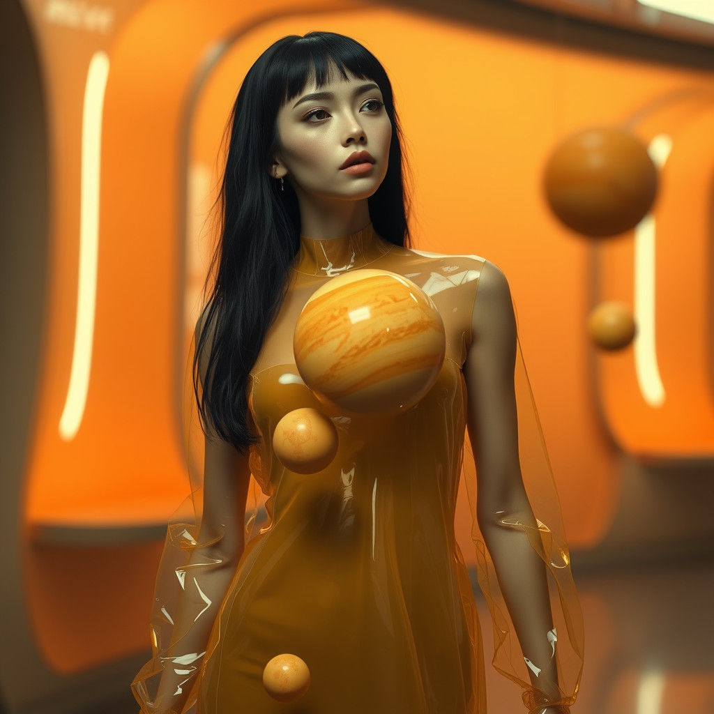 Ethereal Figure in Futuristic Scene with Floating Planets