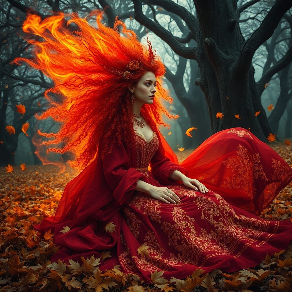 Surreal Autumn Goddess in Flame-Hued Splendor