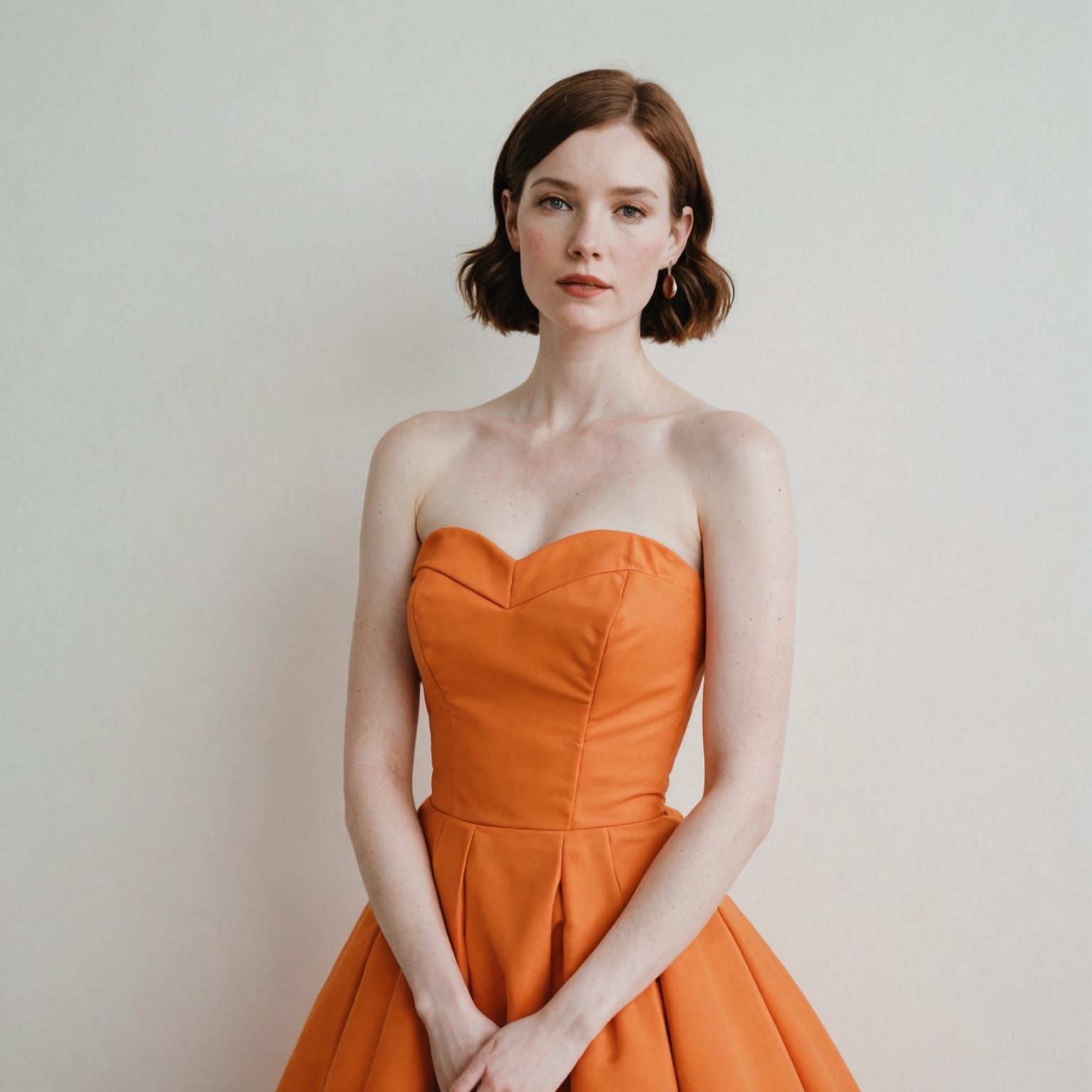 Woman in Orange Dress Against White Wall