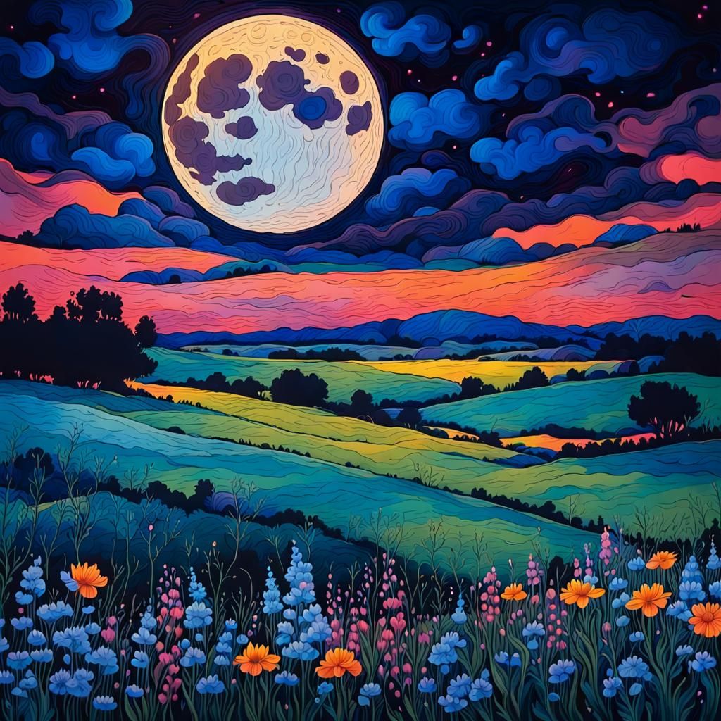 Vibrant Liquid Ink Landscape with Full Moon