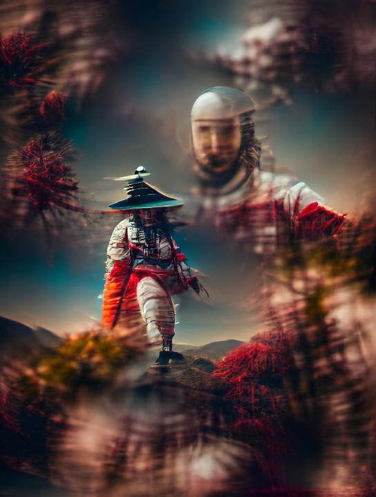 Astronaut Samurai Portrait with Mount Fuji