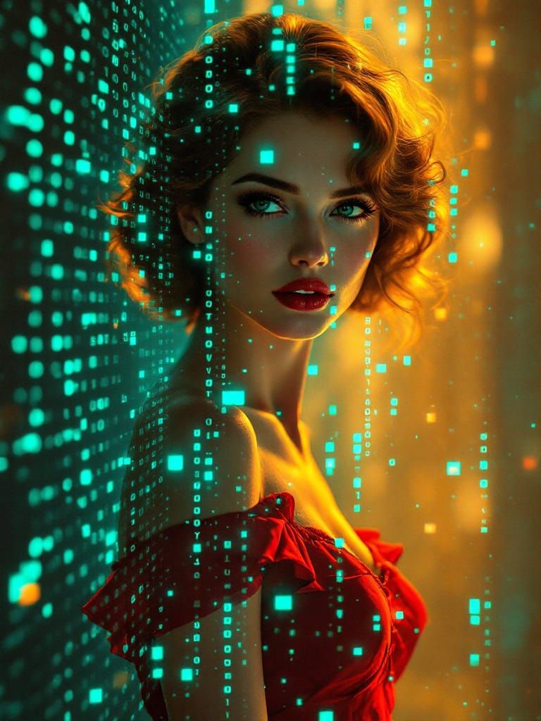 Cyberpunk Pin-Up Girl in Digital Rain