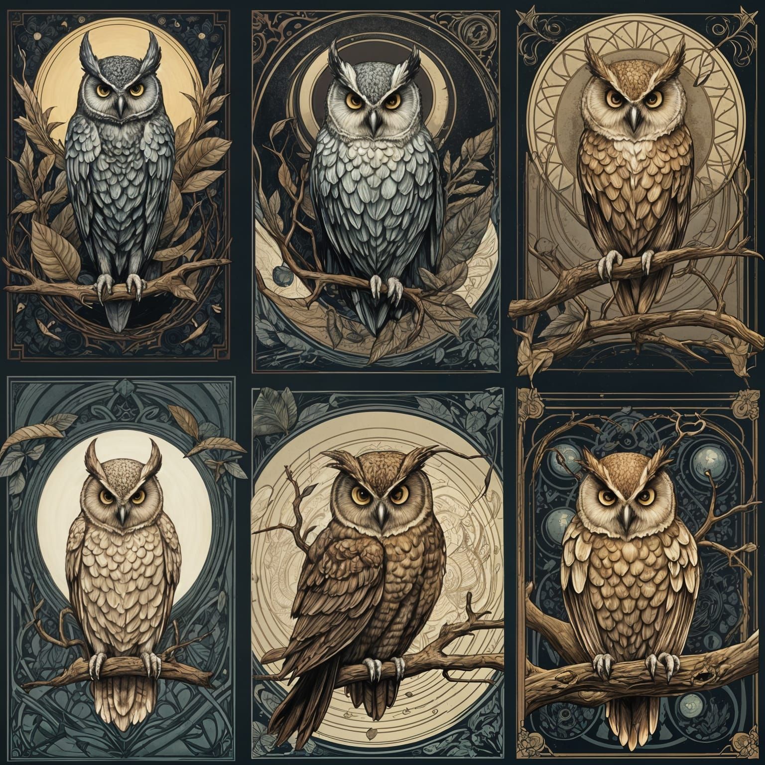 Magical Owls Illustrated with Diagrams in Fantasy Art Style