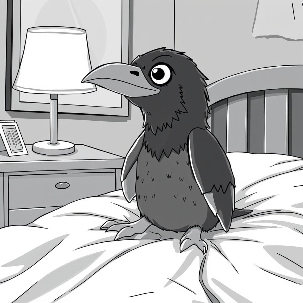 Raven Stuffed Animal in Black and White Line Art Style