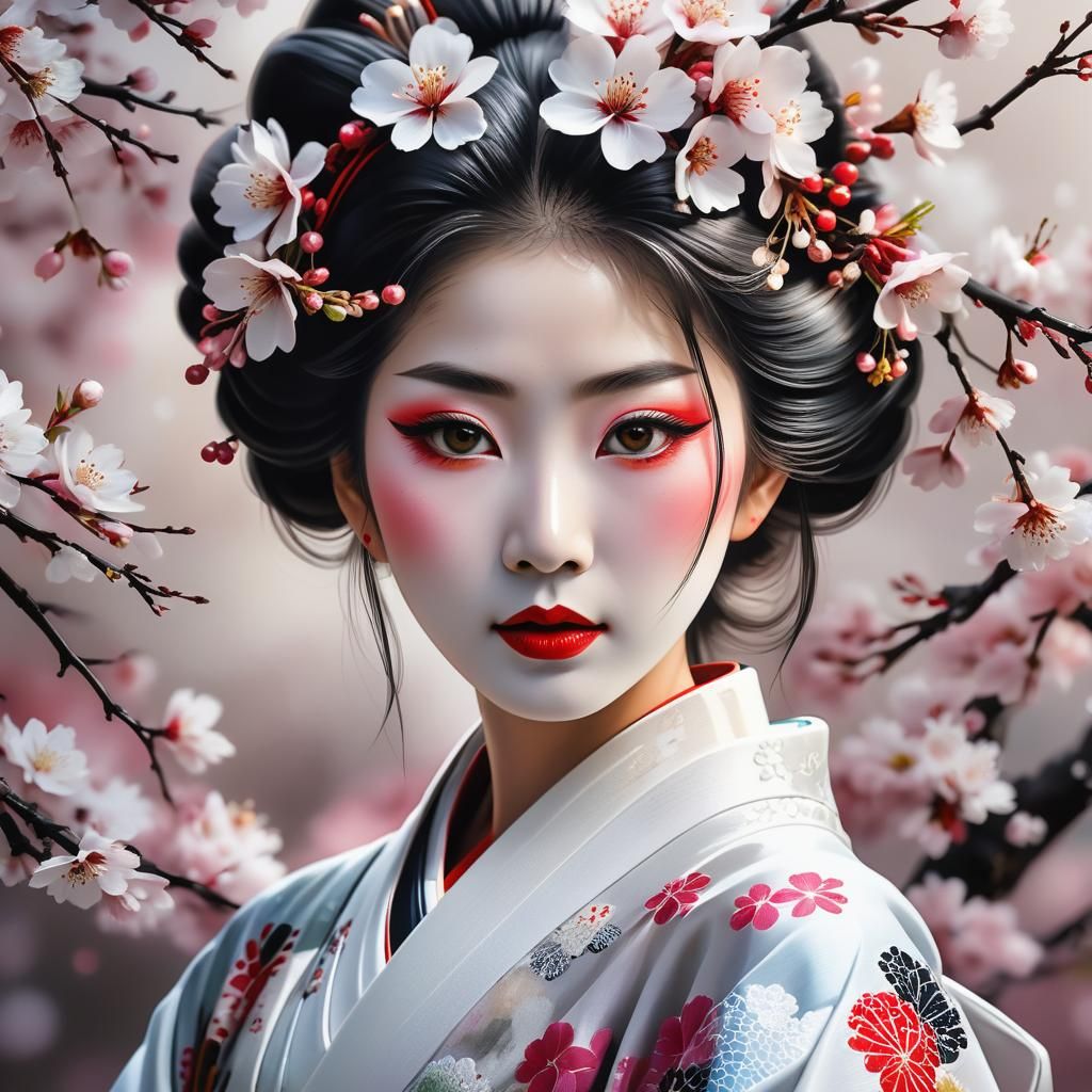 Intricate Geisha Portrait with Sakura in Tulle Kimono