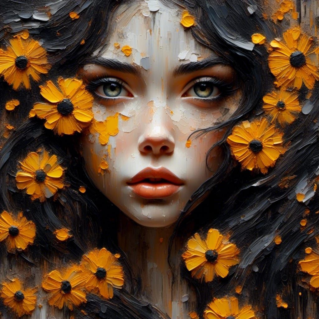 Art Nouveau Oil Painting of Yellow Daisies