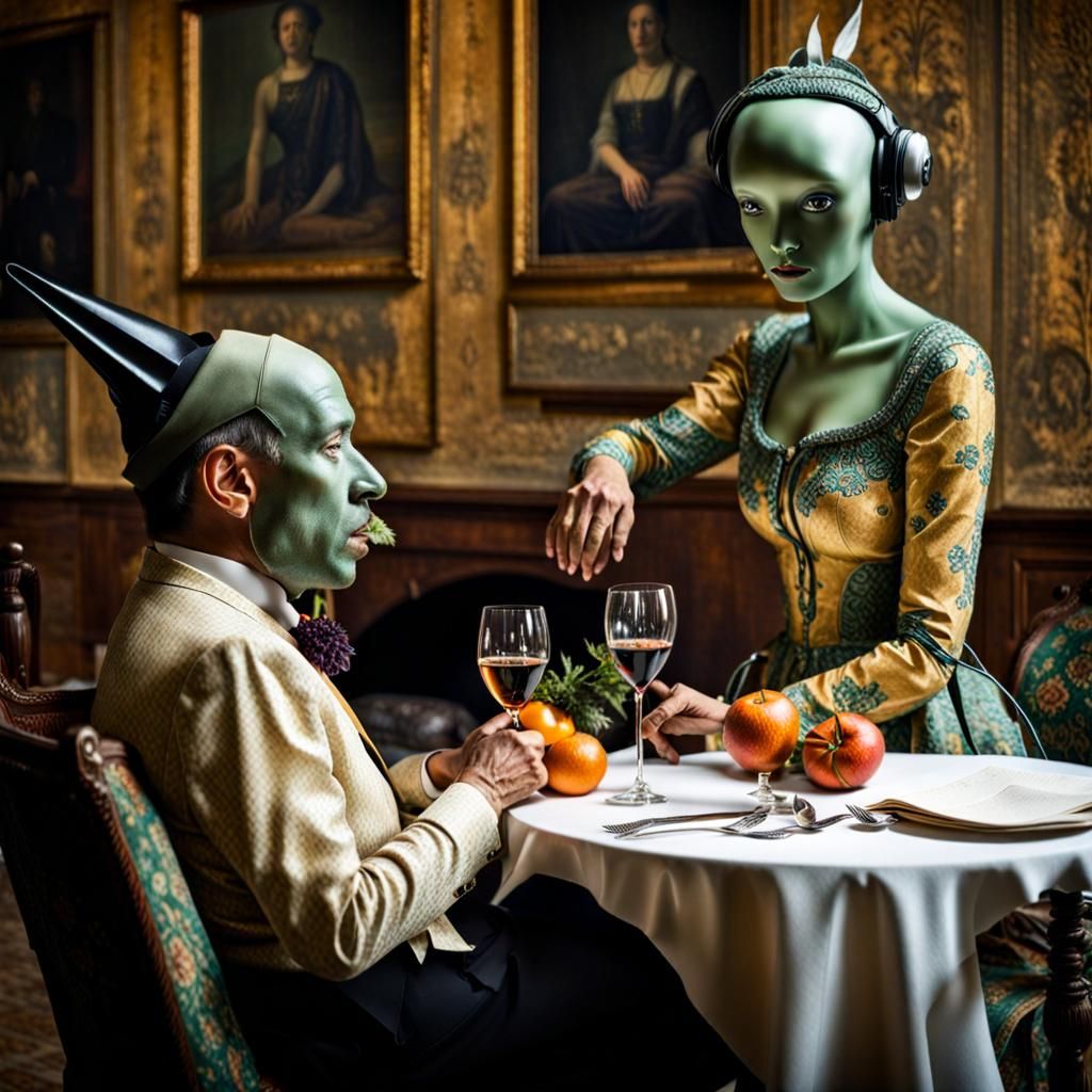 Surreal Alien Restaurant Celebration: Hyperrealistic Photogr...