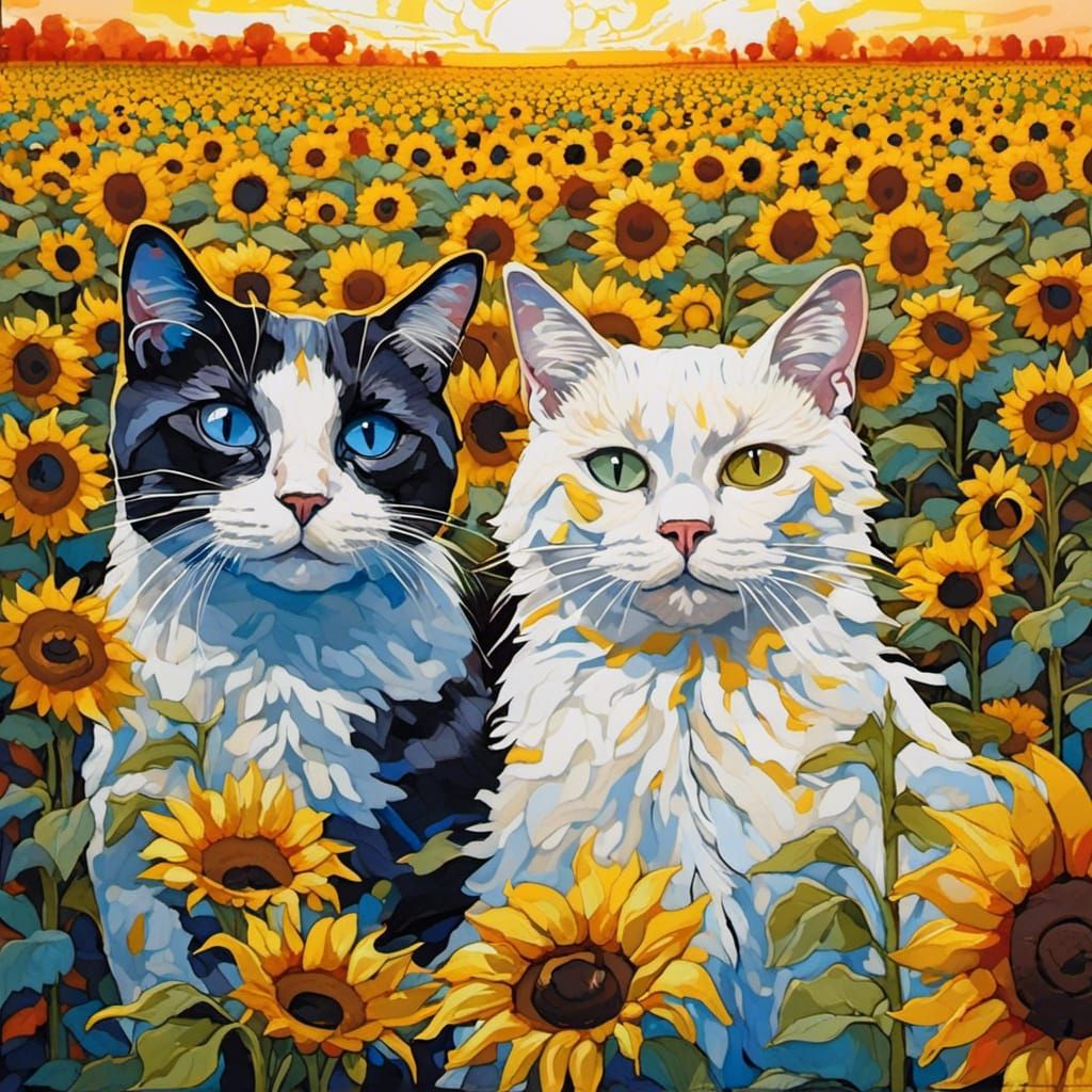 Cats in Sunflower Field: Van Gogh Graffiti Art