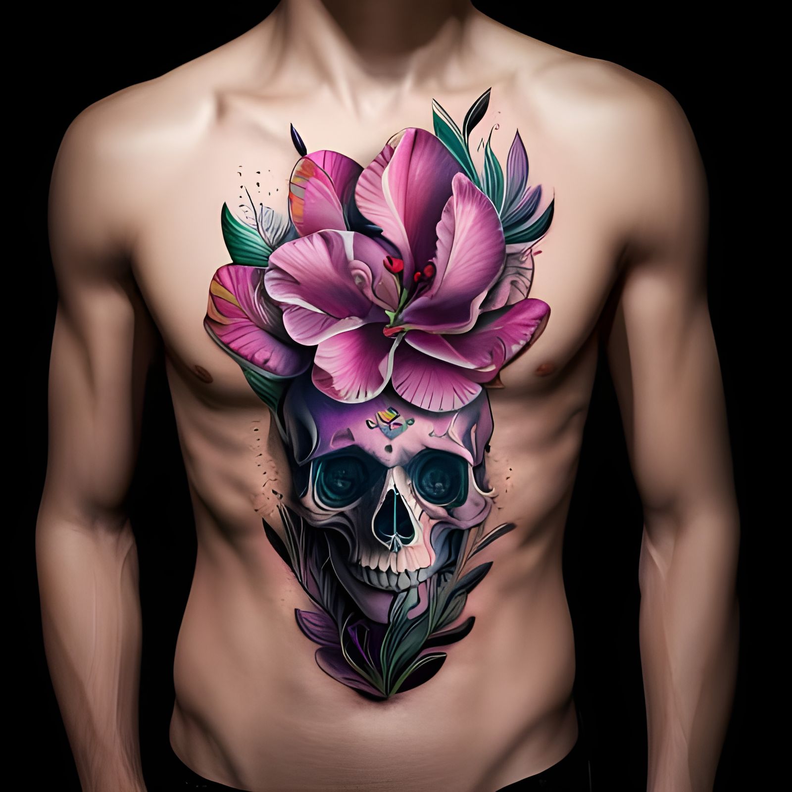 Purple Tulip Tattoo Wrapped Around Skull