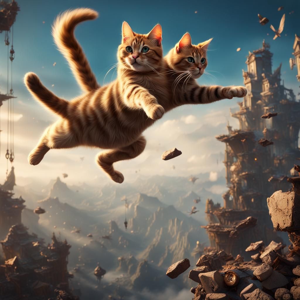 Cat Jumping on Falling Objects: Fantasy Concept Art