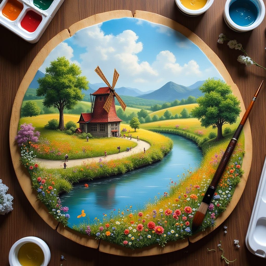 Whimsical Wooden Palette Canvas with Idyllic Countryside Sce...