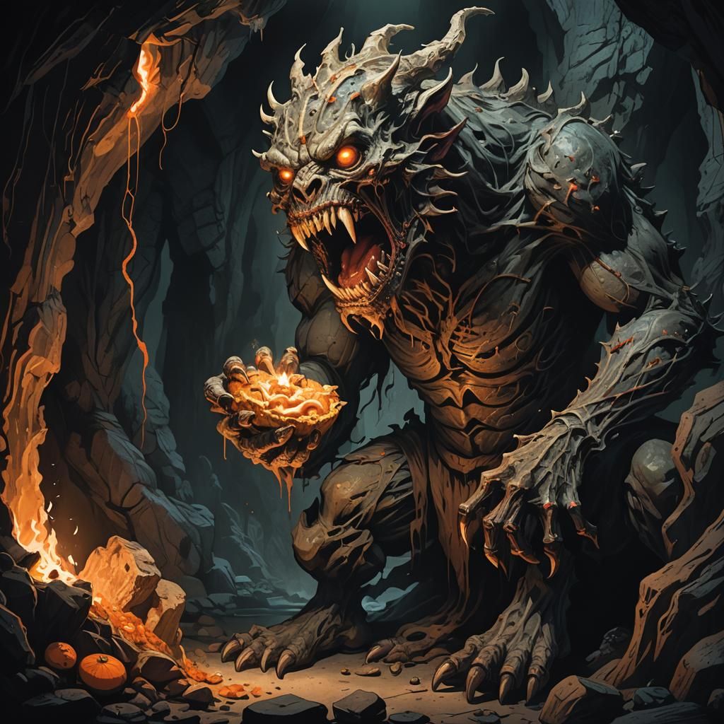 Grotesque Creature Devouring Snack in Dark Cave