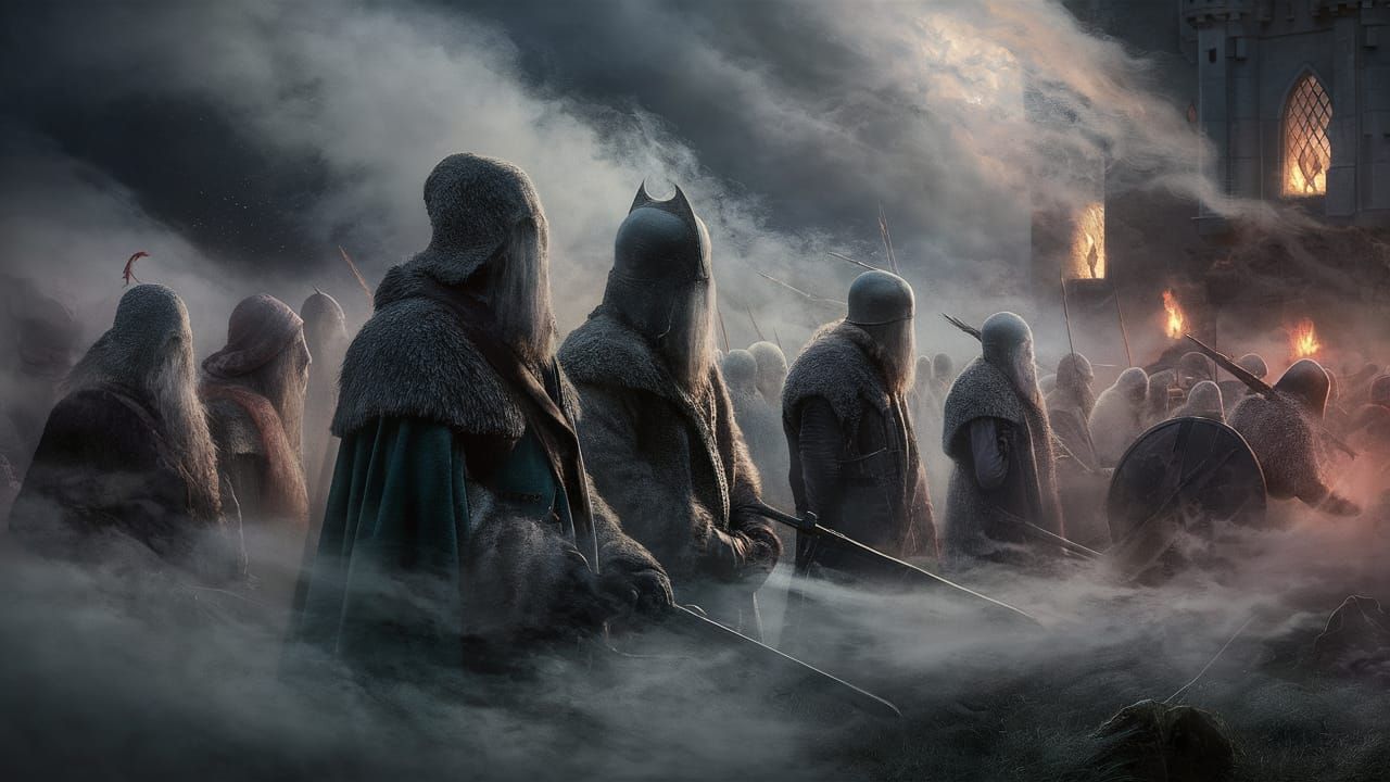 Ethereal Battlefield Scene with Ghostly Warriors