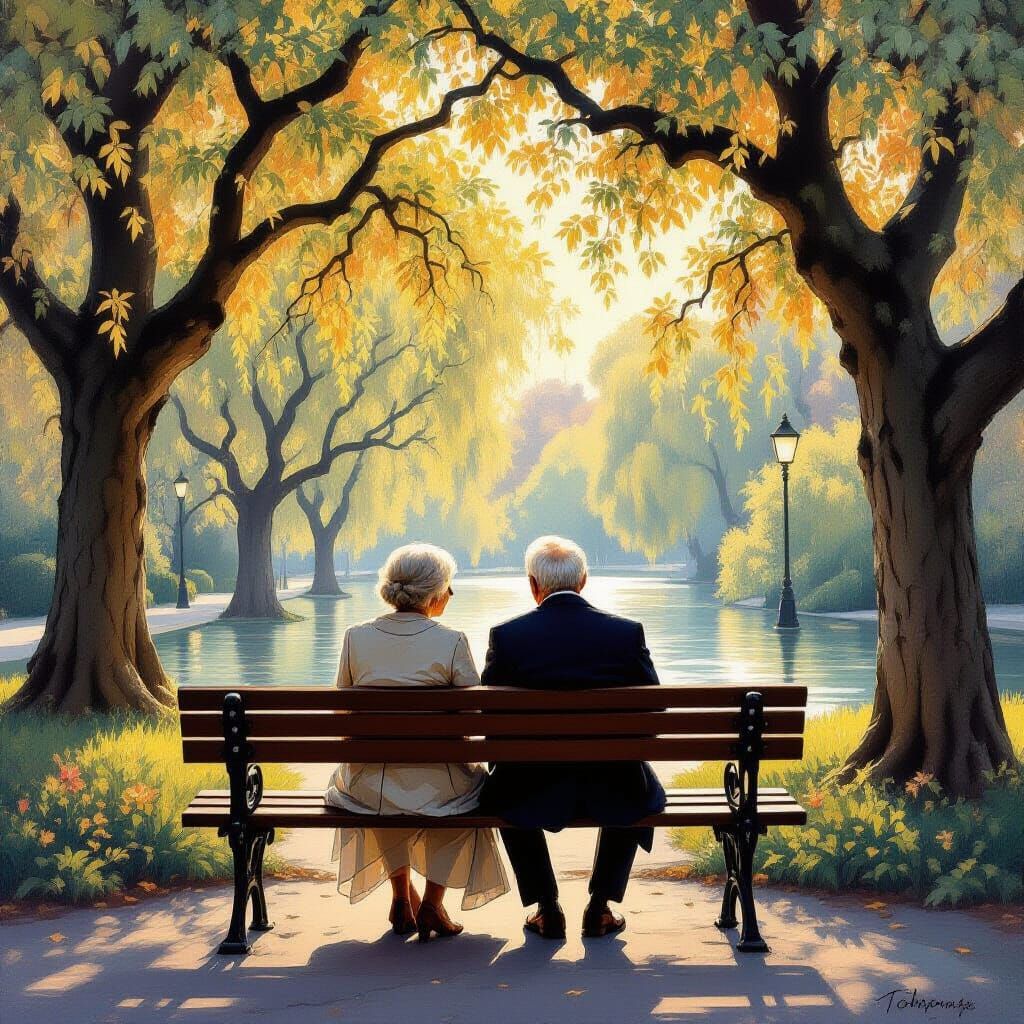 Elderly Couple in Glowing Park: Impressionist Style