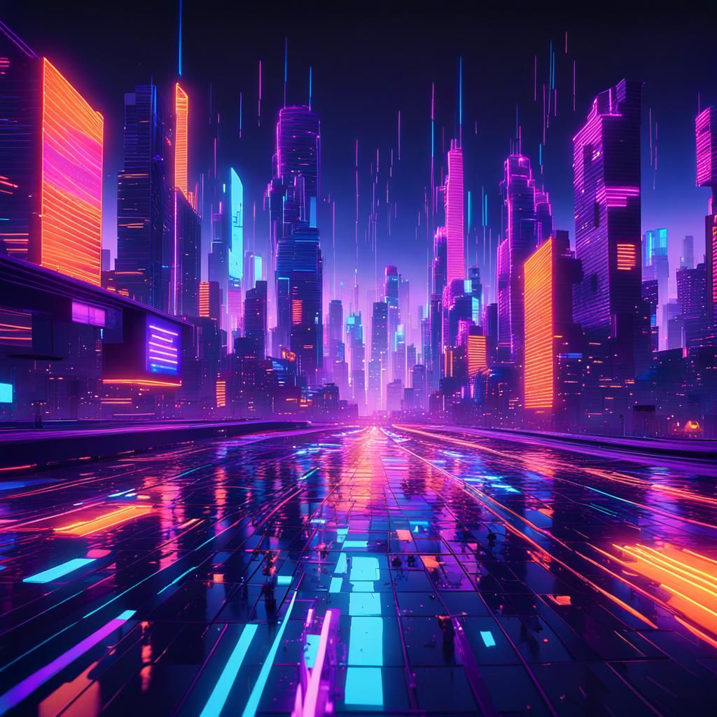 Mesmerizing Glitch Art Cityscape in Neon-lit Futuristic Styl...