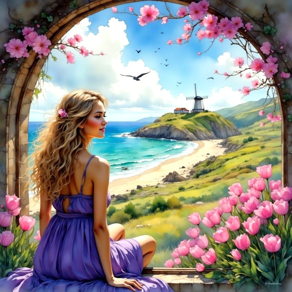 Beautiful Blonde Girl at a Domed Window Contemplating a Vibr...