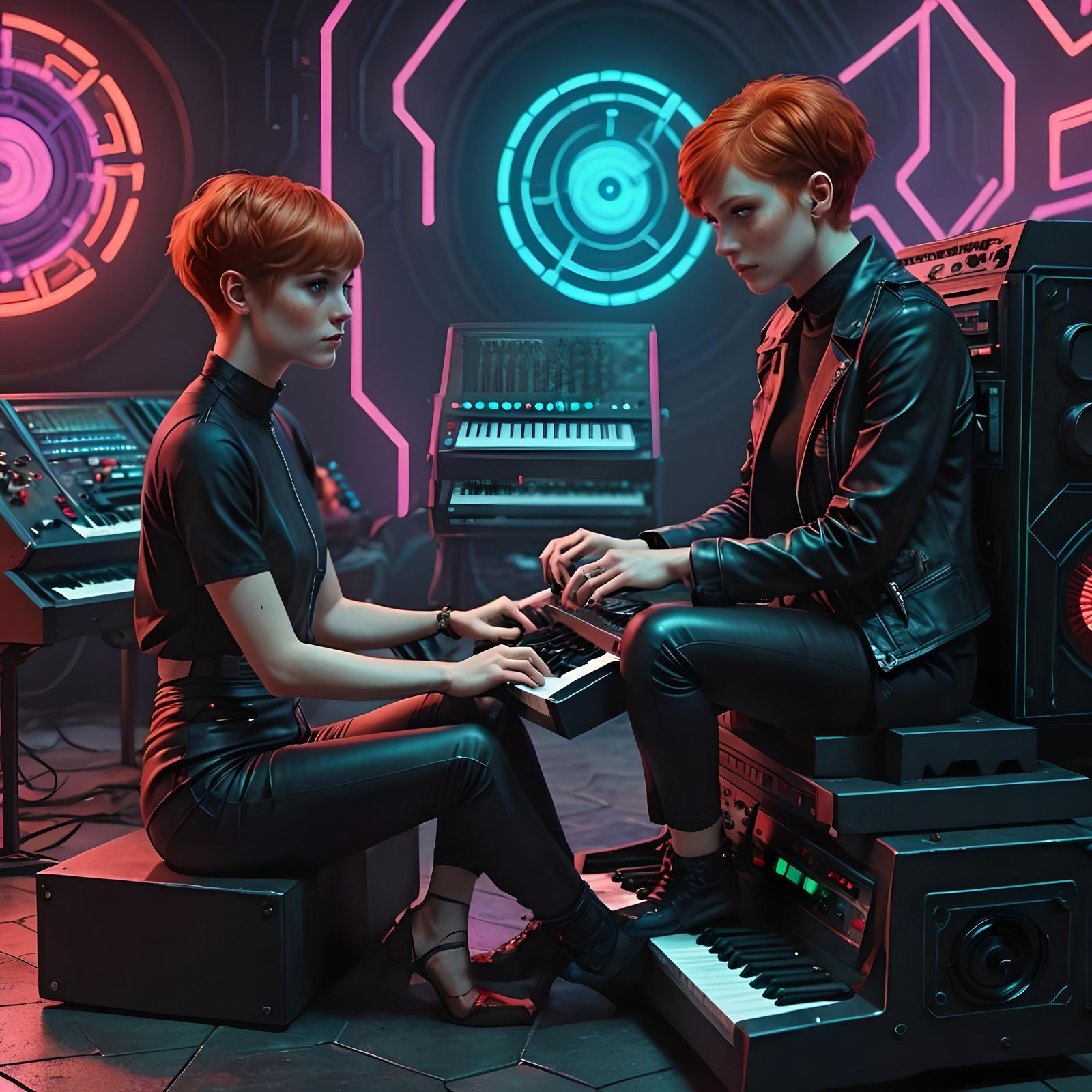 Redhead Hypnotized at Synthesizer in Synthwave Style