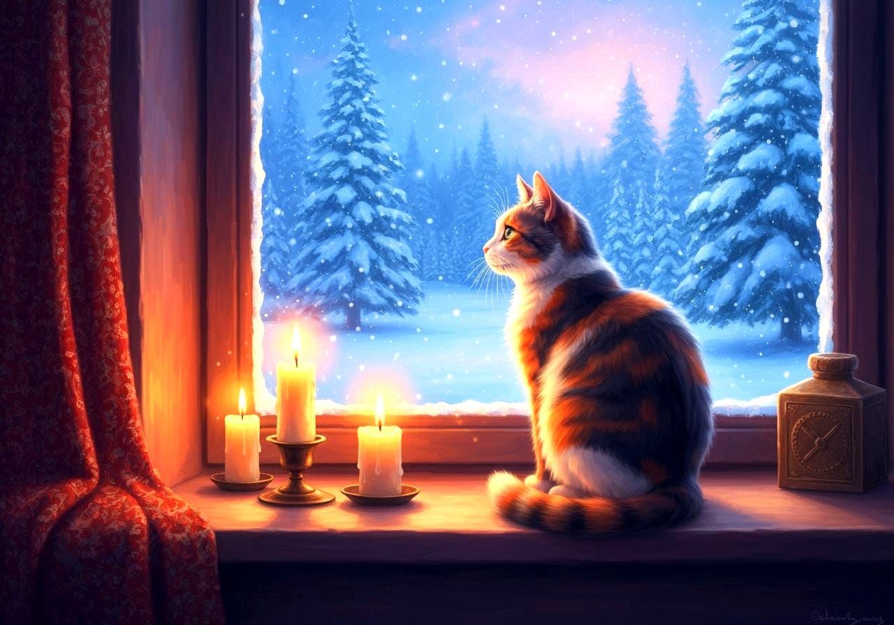 Calico Cat in Cozy Window, Watching Snowfall