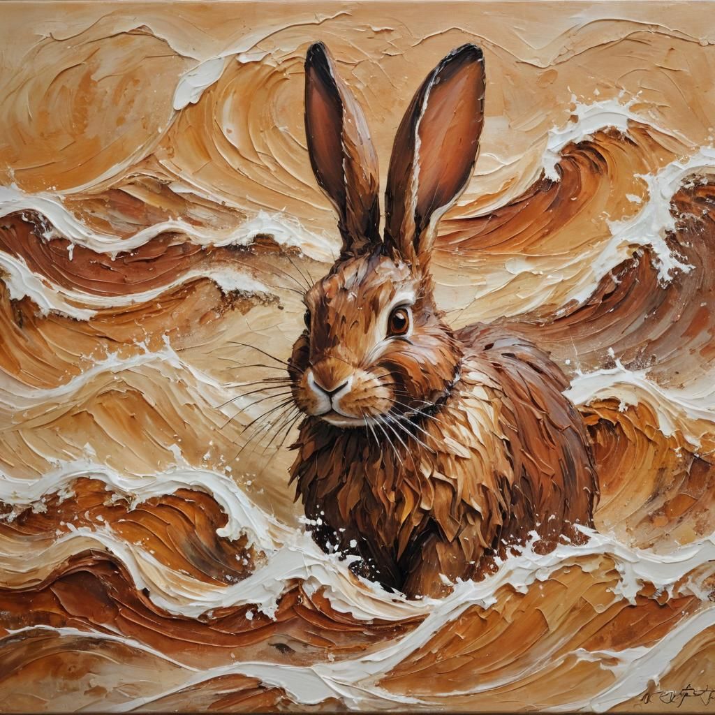 Abstract Rabbit with Waves: Impasto Oil Painting