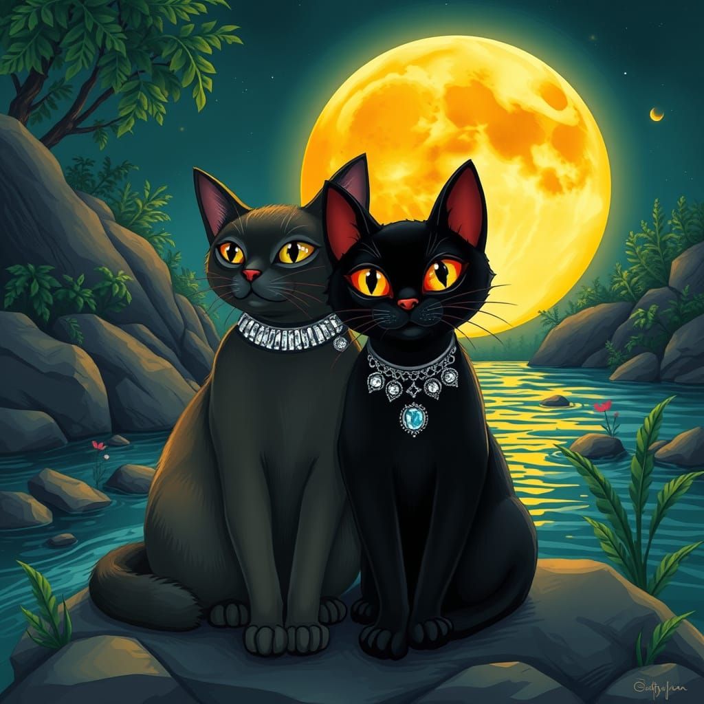 Two Cats Under Harvest Moon: Whimsical Illustration