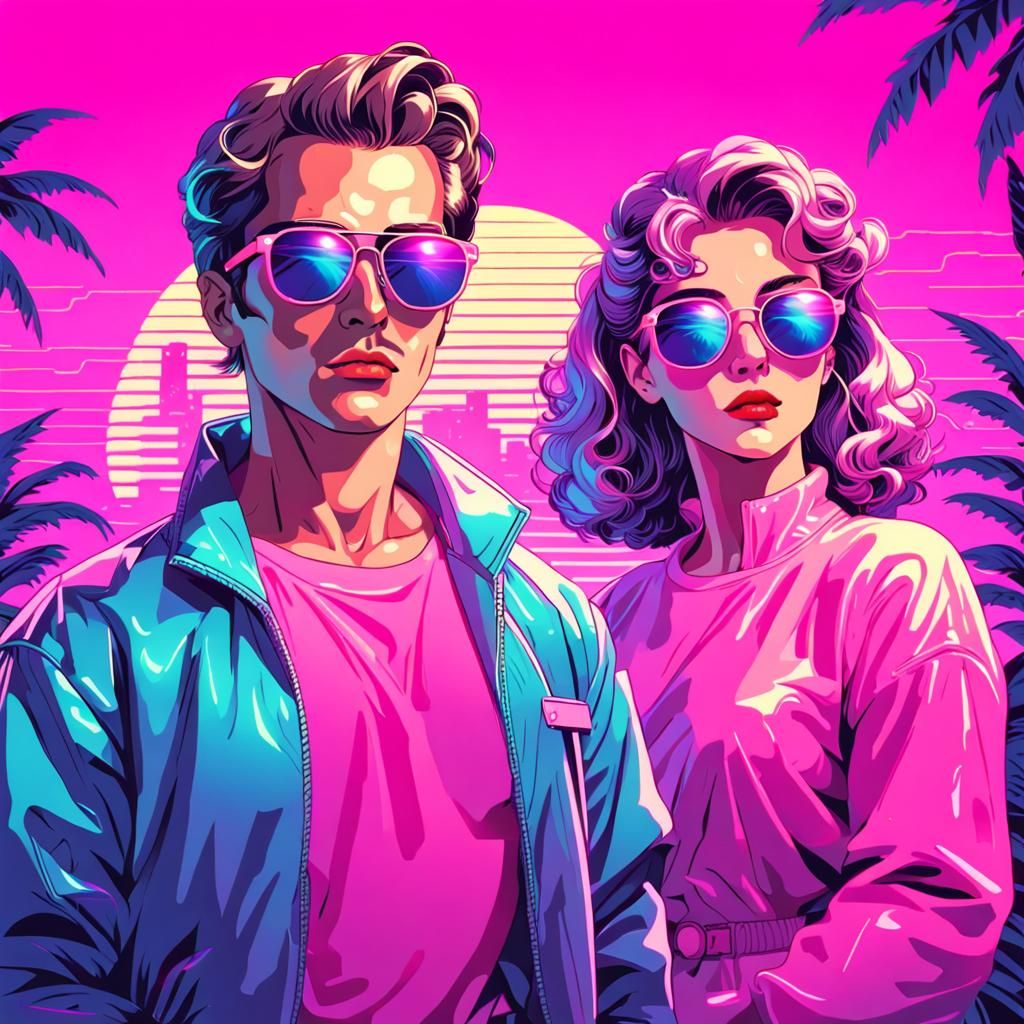 Vaporwave Couple with Sunglasses in Neon Retro Style