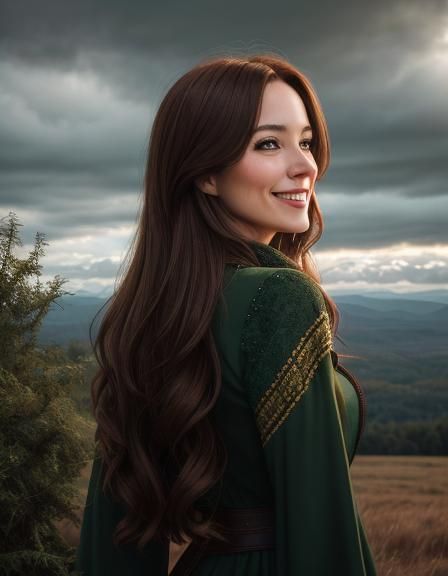 Serene Woman Contemplates Clouds in a Cinematic Landscape