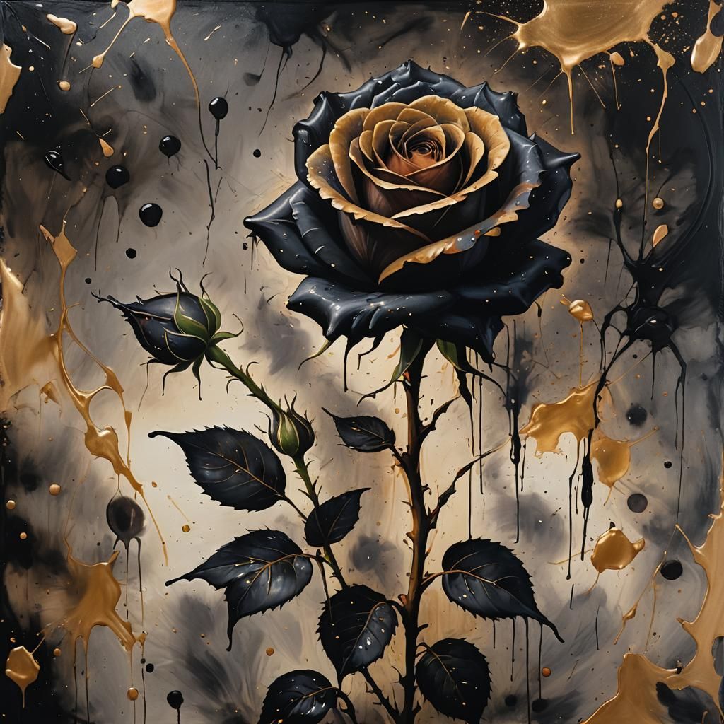 Majestic Black Rose with Ink Splatters in Oil Painting