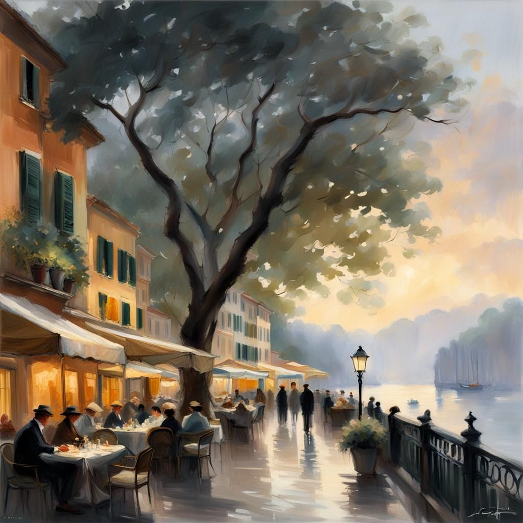 Portofino Piazzetta on Foggy Morning, Digital Painting