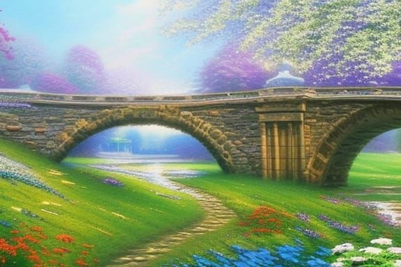 Arched Bridge with Spring Flowers in Kinkade Style