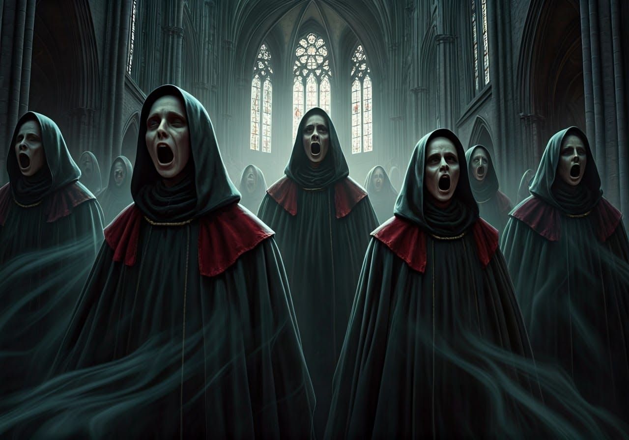 A group of faceless ghosts in tattered medieval choir robes,...