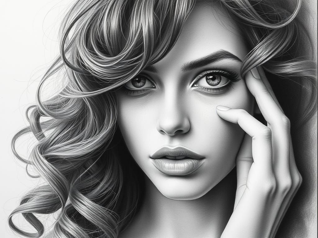 Hyper-Realistic Black and White Pencil Drawing of a Contempl...