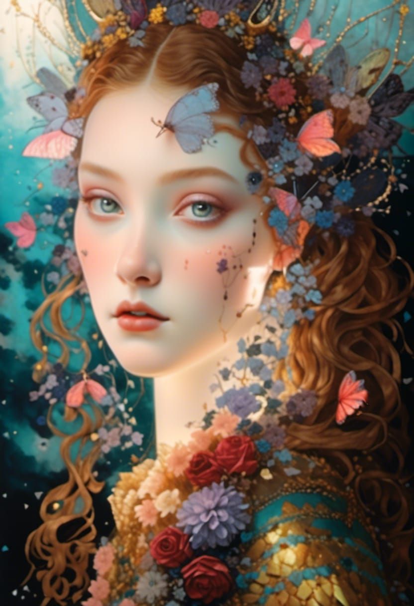 Celestial Woman with Copper Hair in Watercolor Style