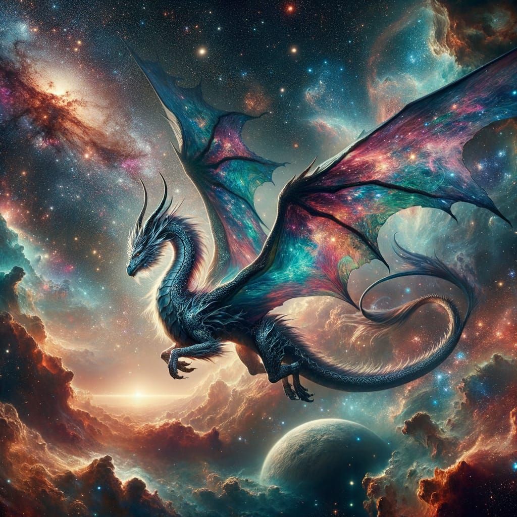 Iridescent Dragon Soaring Through the Cosmos