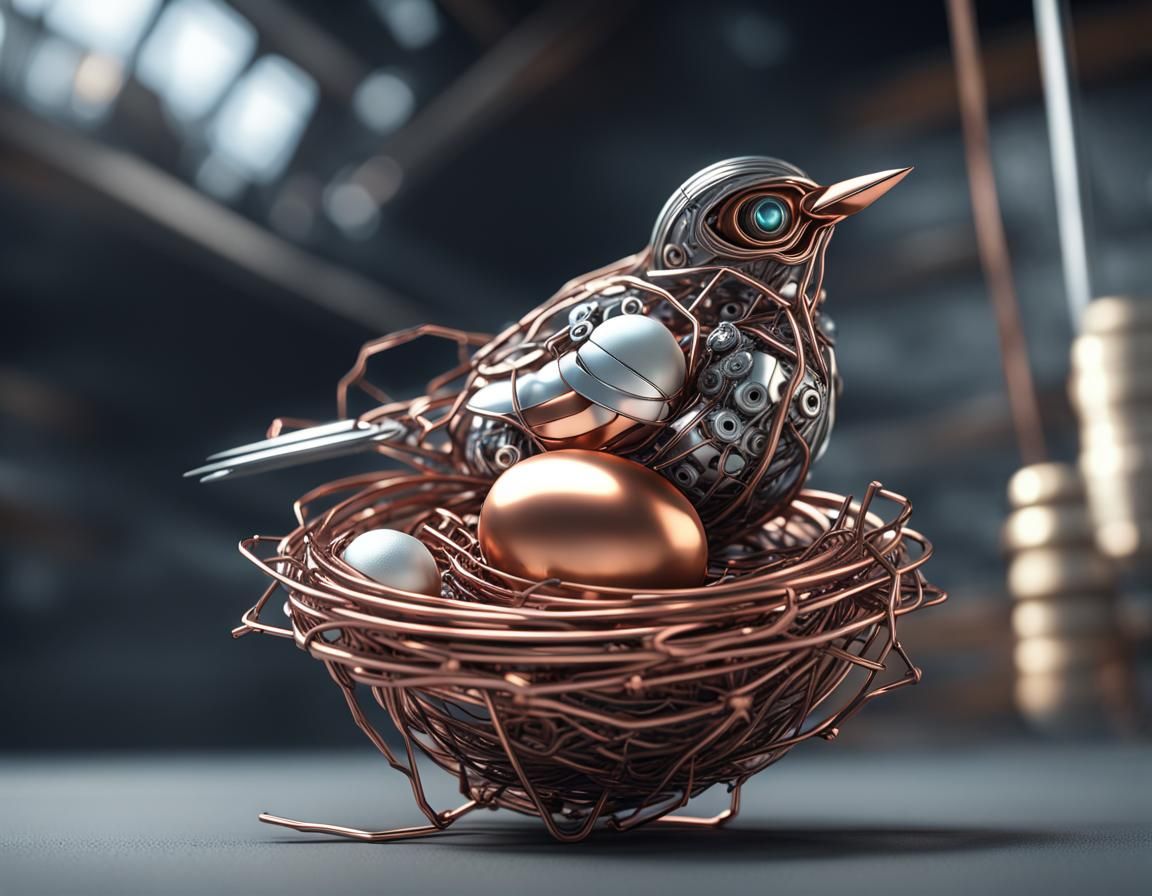 Mechanical Bird and Wire Nest in Sci-Fi Style